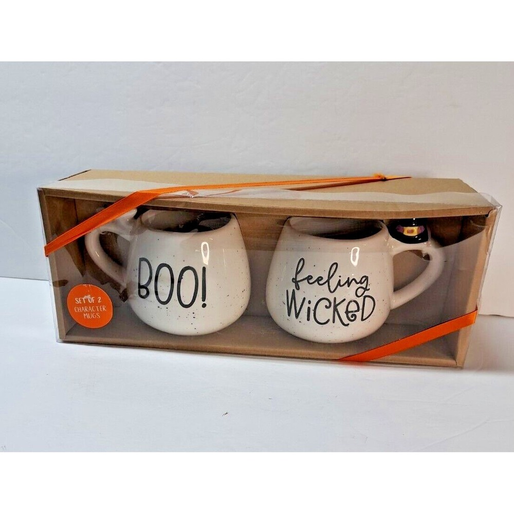 Eccolo Halloween Mug Set of 2 Boo Feeling Wicked Ghost Witch Hat Speckled White